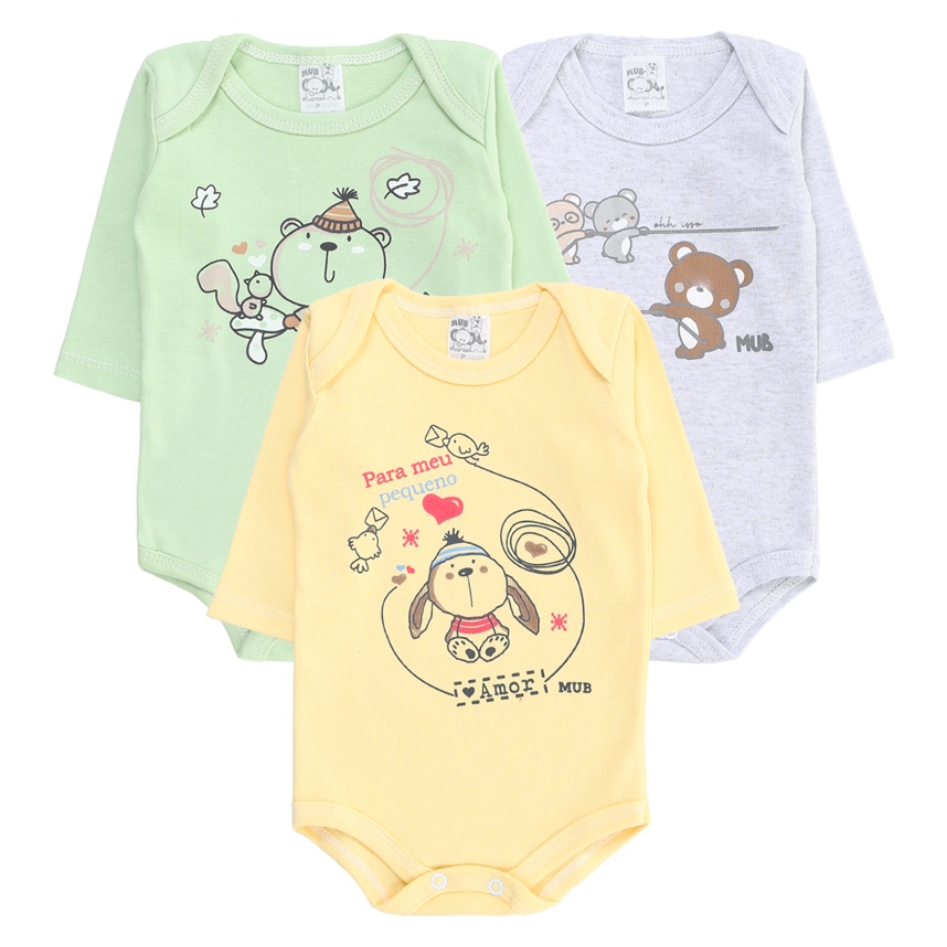 Kit Body Manga Longa Bebê Mub Estampado - 3 Peças