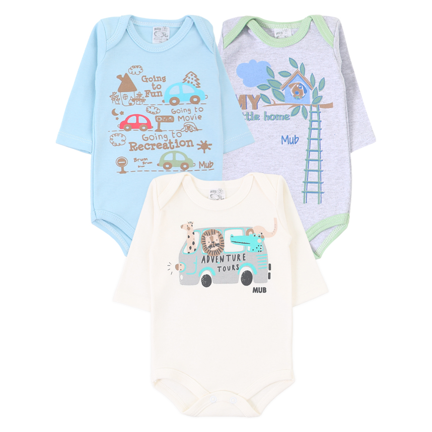 Kit Body Manga Longa Bebê Mub Estampado - 3 Peças
