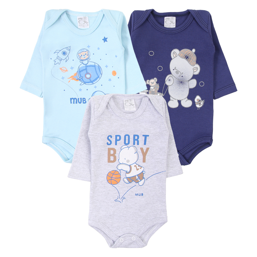 Kit Body Manga Longa Bebê Mub Estampado - 3 Peças