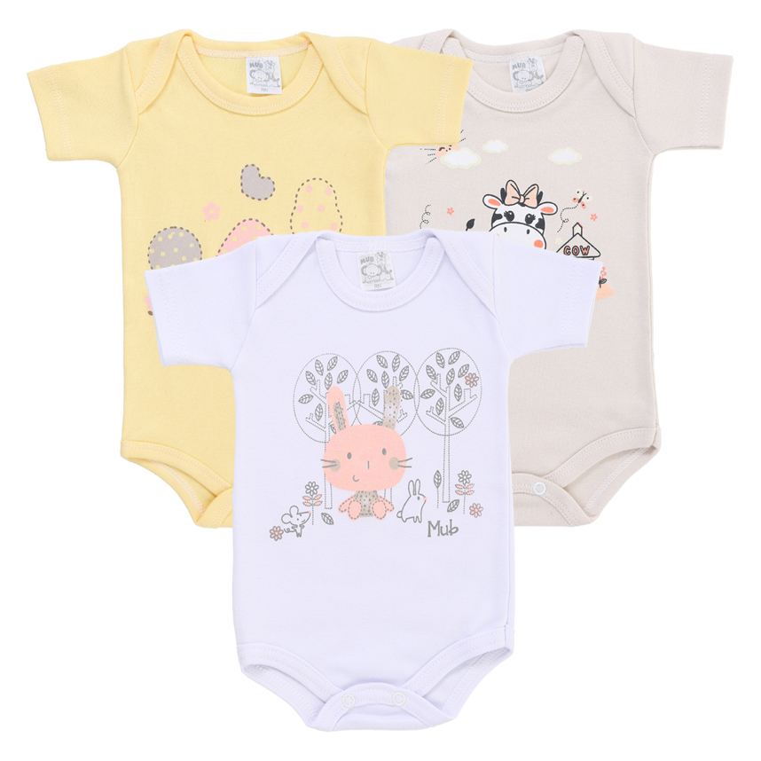Kit Body Manga Curta Bebê Mub Estampado - 3 Peças