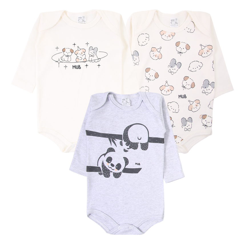 Kit Body Manga Longa Bebê Mub Estampado - 3 Peças Kit Body Manga Longa Bebê Mub Estampado - 3 Peças