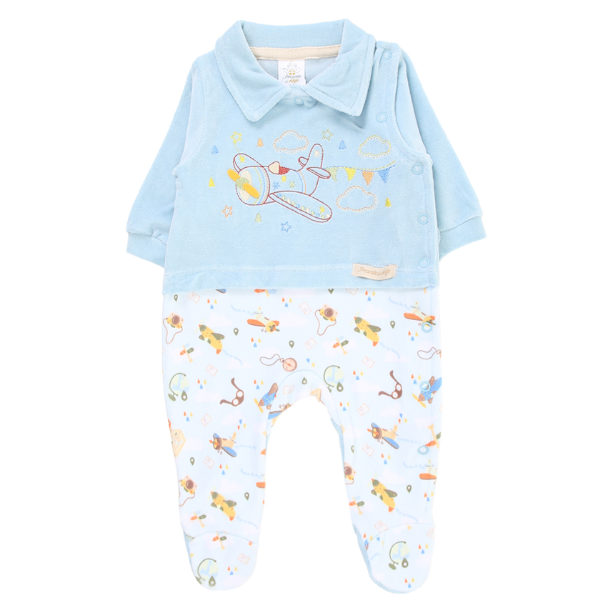 Macacão Longo Bebê Presente de Anjo Plush Bordado Avião