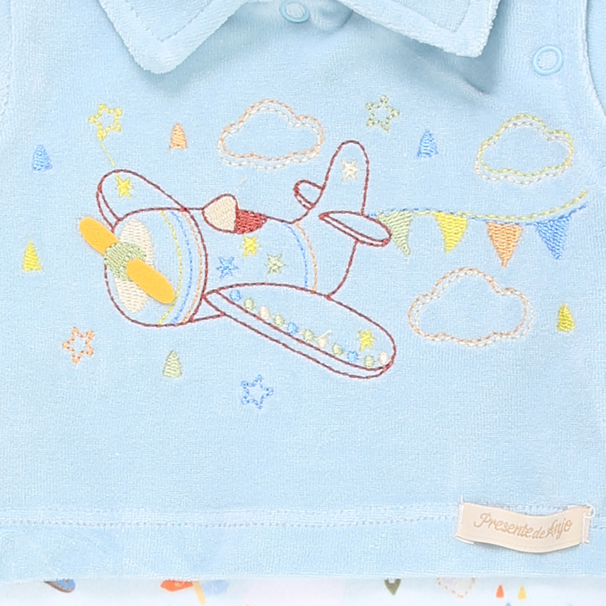 Macacão Longo Bebê Presente de Anjo Plush Bordado Avião