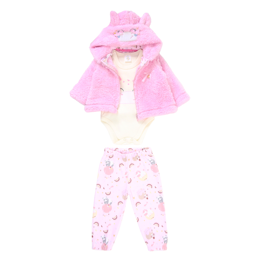 Conjunto Bebê Presente de Anjo Com Casaco de Pelo Estampa Unicórnio