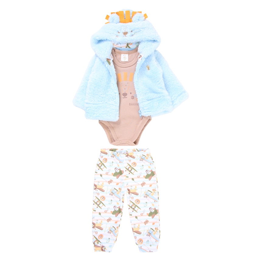 Conjunto Bebê Presente de Anjo Com Casaco de Pelo Estampa Leão
