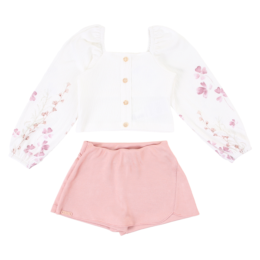 Conjunto Infantil Kiki Blusa Manga Estampada Flores