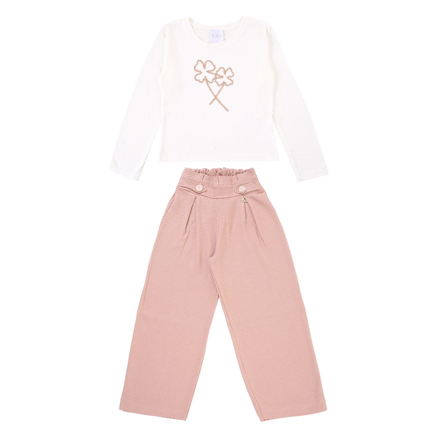 Conjunto Infantil Kiki Blusa Acetinada Bordado Trevos