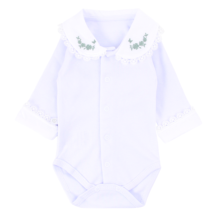 Body Bebê Fofinho Suedine Manga Longa Com Gola Bordada Flor