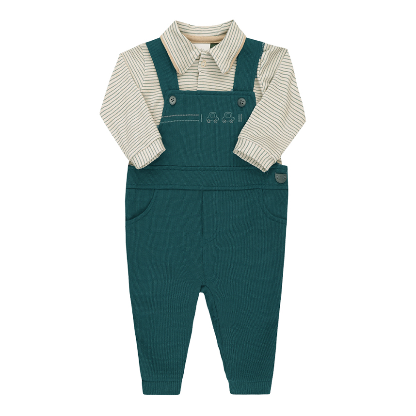 Macacão Longo Bebê Paraíso Jardineira Listrado Com Bordado