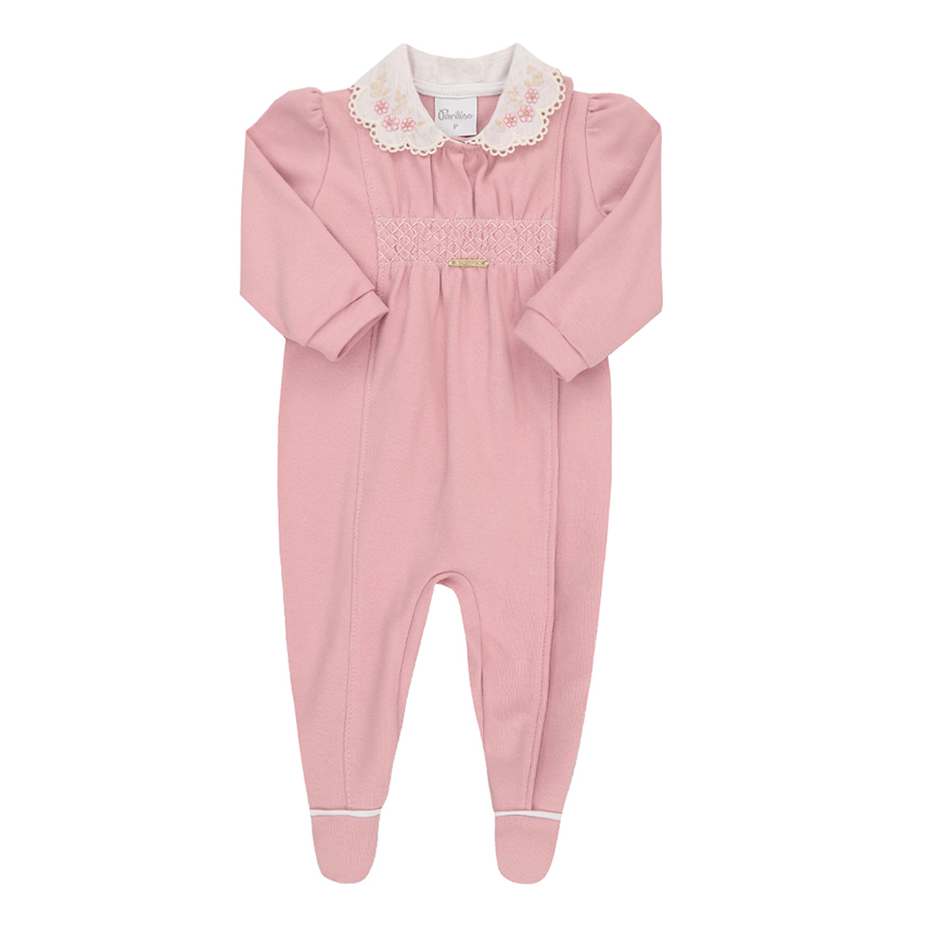 Macacão Longo Bebê Paraíso Suedine Gola Bordada