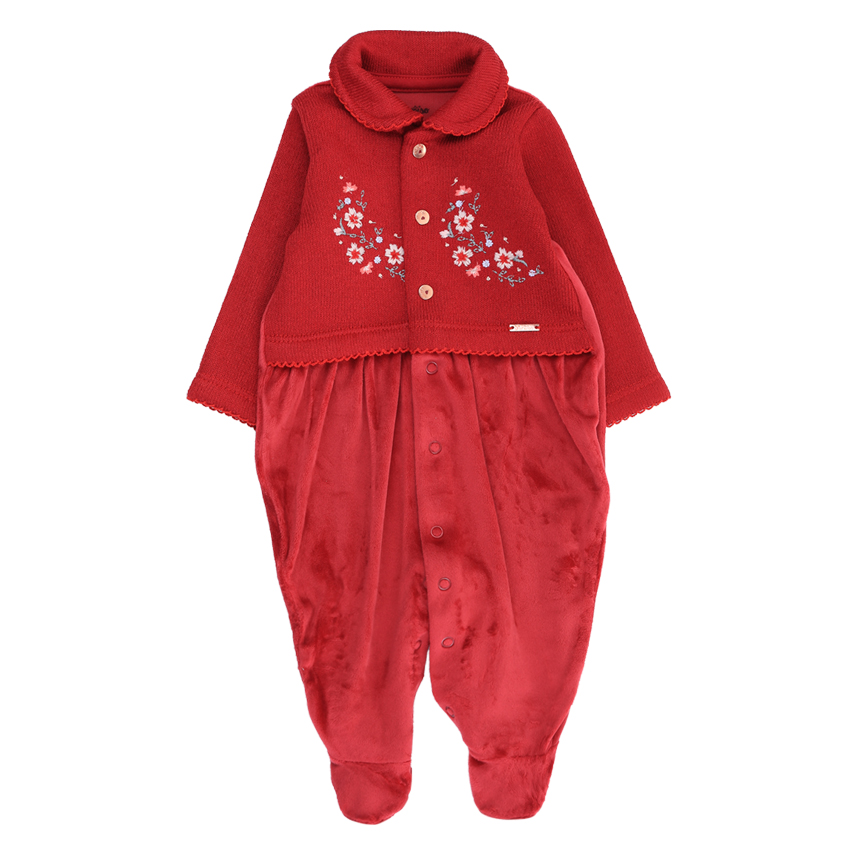 Macacão Longo Bebê Paraíso Plush Bordado Flor