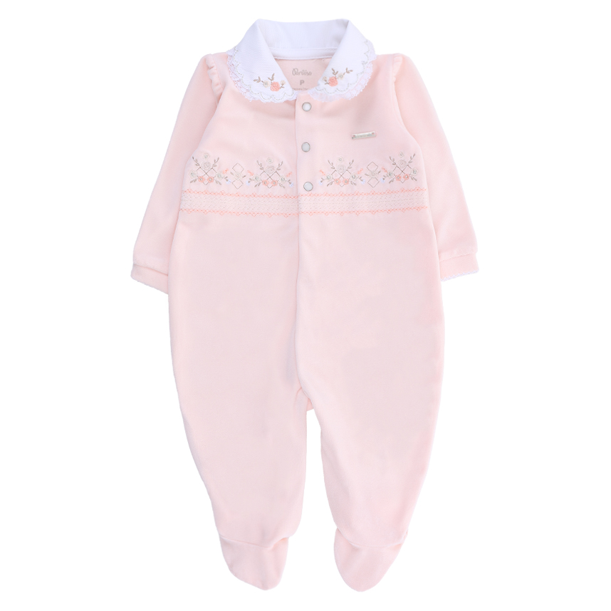 Macacão Longo Bebê Paraíso Plush Bordado Flor