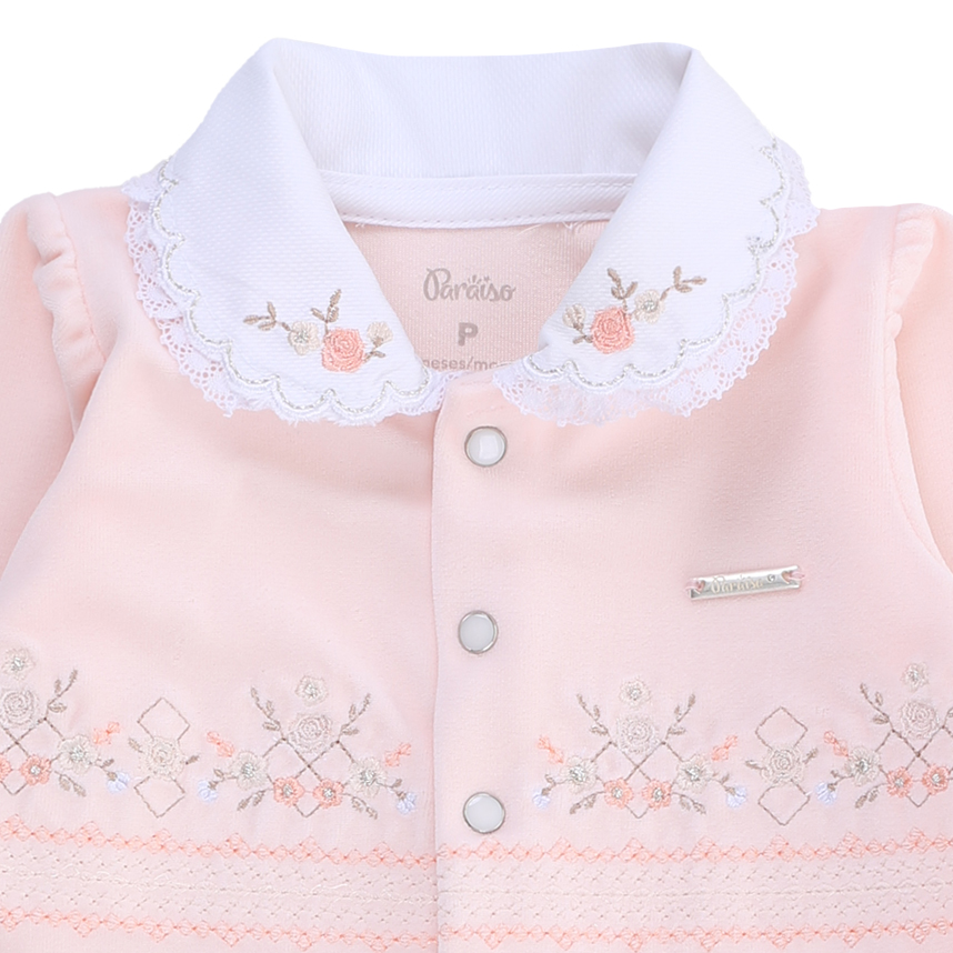 Macacão Longo Bebê Paraíso Plush Bordado Flor