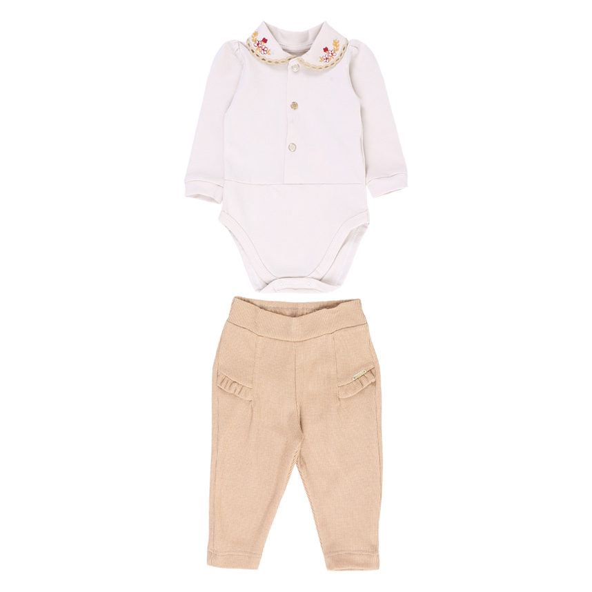 Conjunto Paraíso de Body Gola Bordada Calça em Malha Canelada Conjunto Paraíso de Body Gola Bordada Calça em Malha Canelada