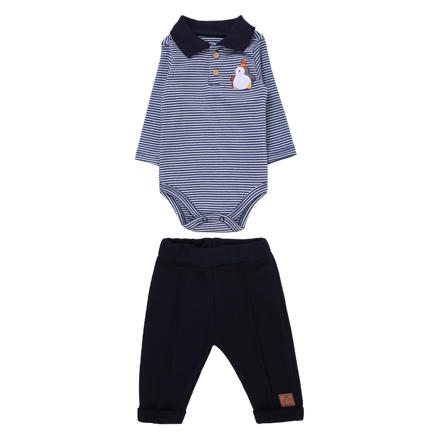Conjunto Bebê Iaze Body Manga Longa Listrado Estampa Pinguim
