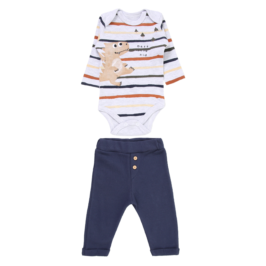 Conjunto Bebê Iaze Body Manga Longa Listrado Com Calça Estampa Dino