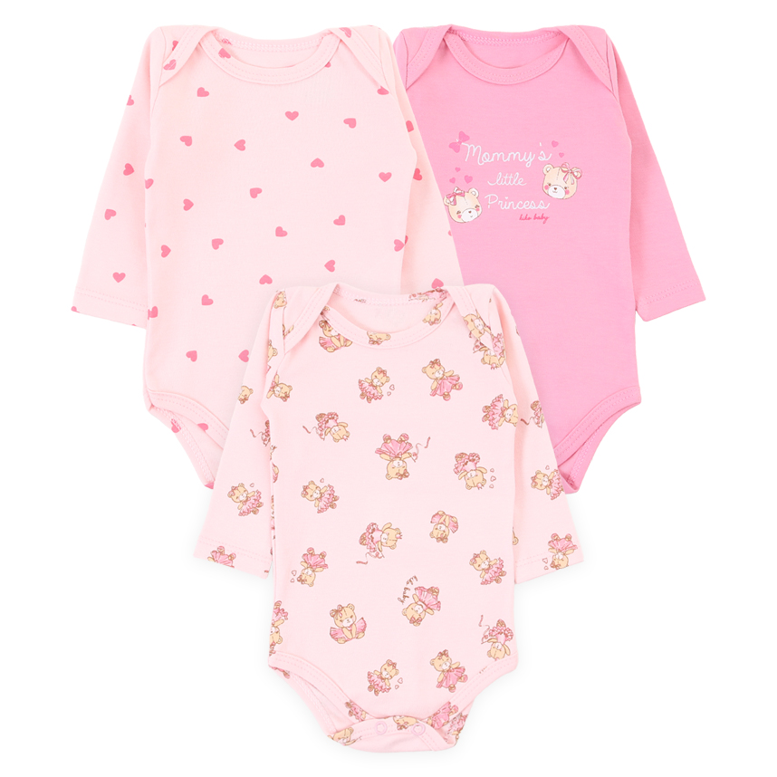 Kit Body KiKo Baby Manga Longa Suedine Estampa Ursinha Princesa e Coração - 3 Peças