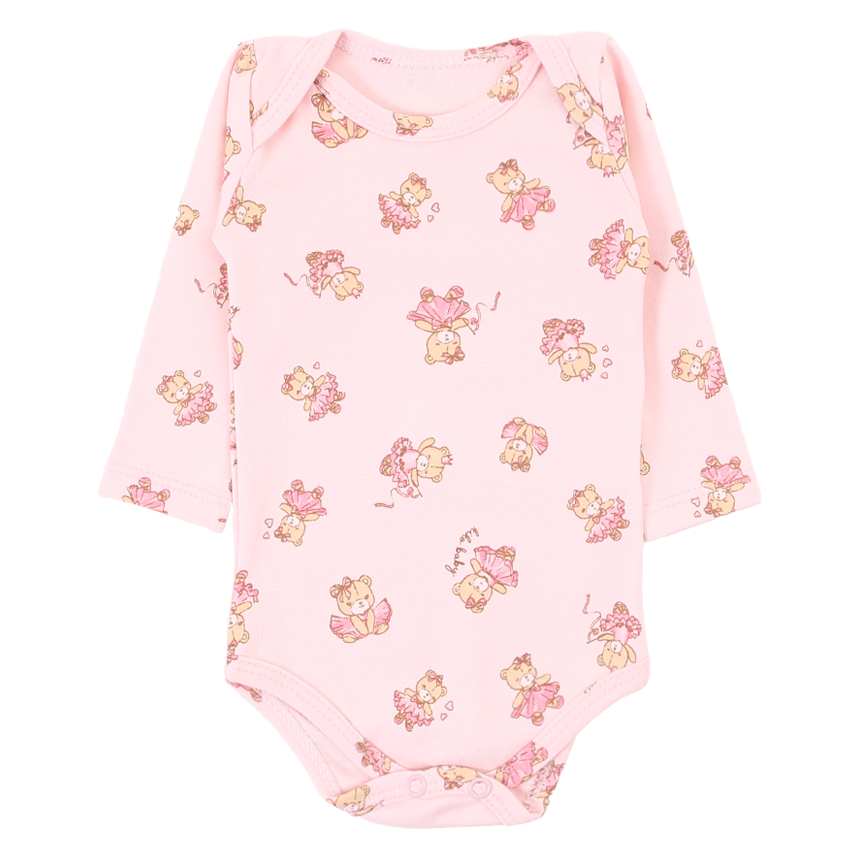 Kit Body KiKo Baby Manga Longa Suedine Estampa Ursinha Princesa e Coração - 3 Peças