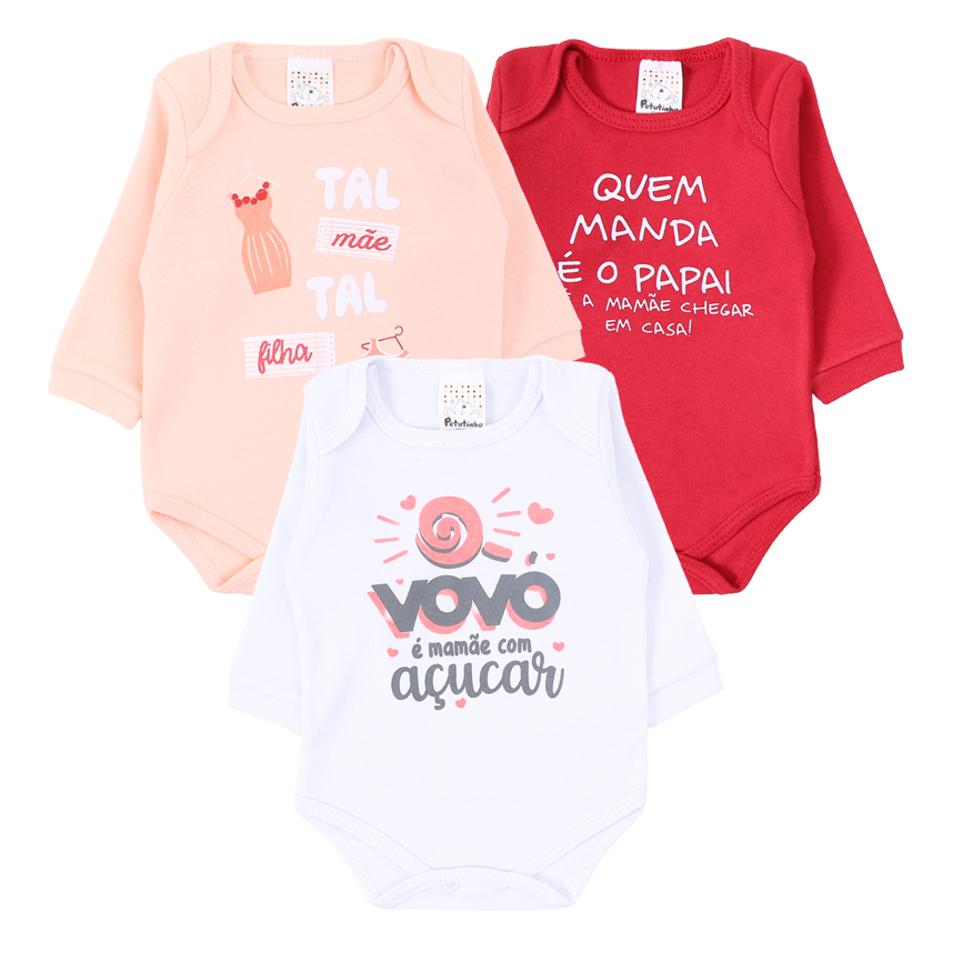 Kit Body Bebê Petutinha Estampa Família - 3 Peças