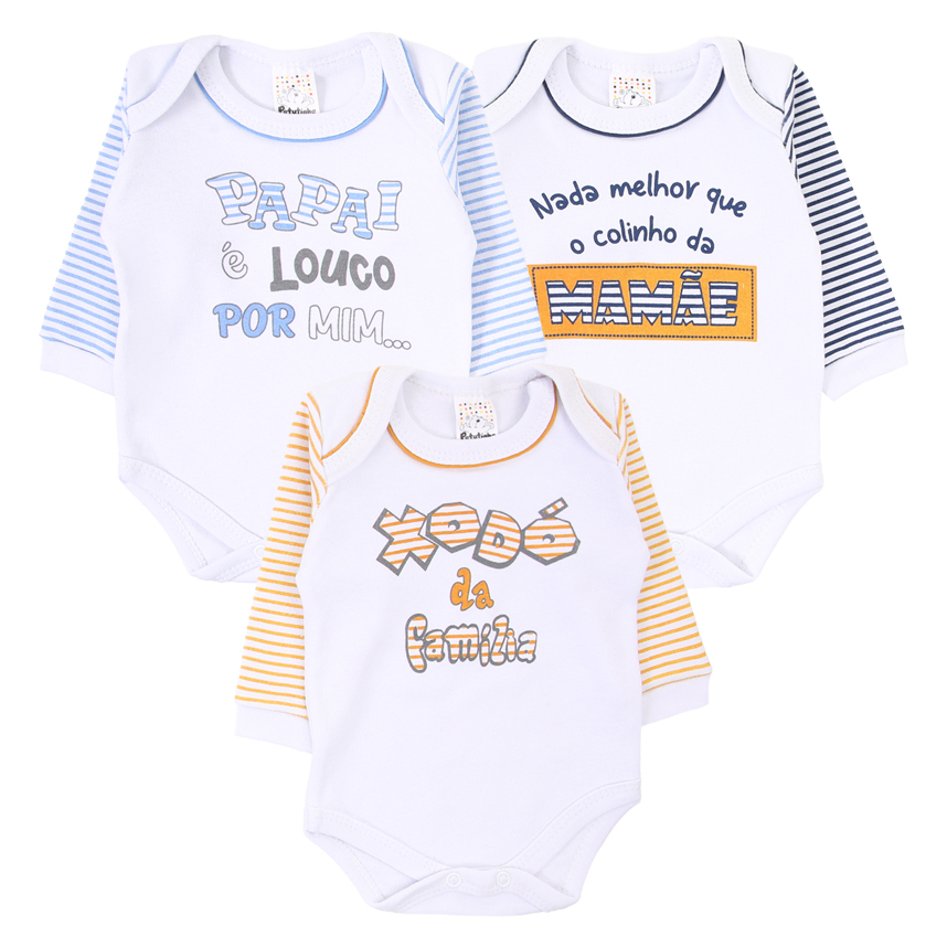 Kit Body Manga Longa Bebê Petutinha Família - 3 Peças