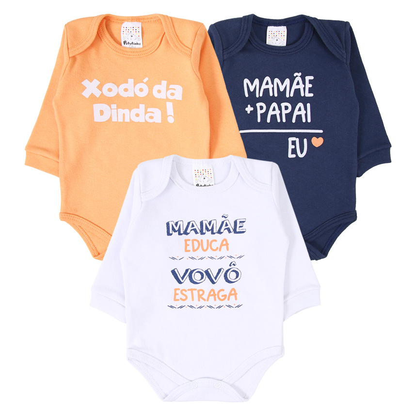 Kit Body Bebê Petutinha Estampa Família - 3 Peças