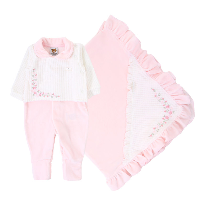 Saída de Maternidade Aconchego Plush Bordado Flor 2 Peças Saída de Maternidade Aconchego Plush Bordado Flor 2 Peças