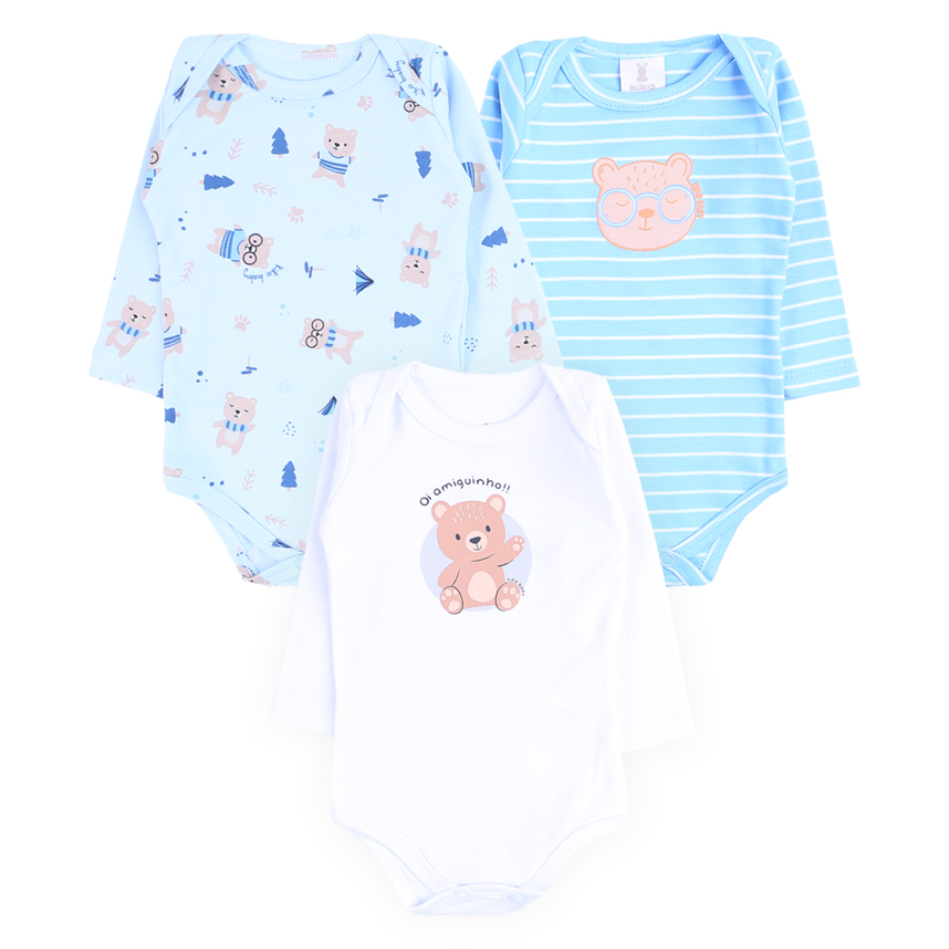 Kit 03 Body KiKo Baby Manga Longa Ursinho