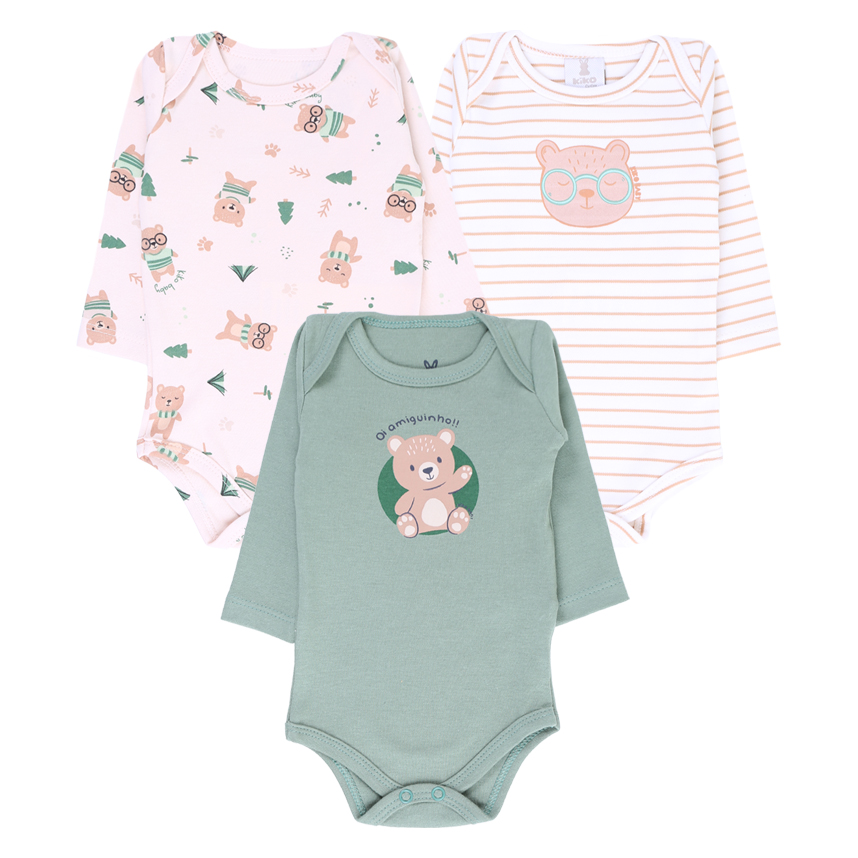 Kit 03 Body KiKo Baby Manga Longa Ursinho
