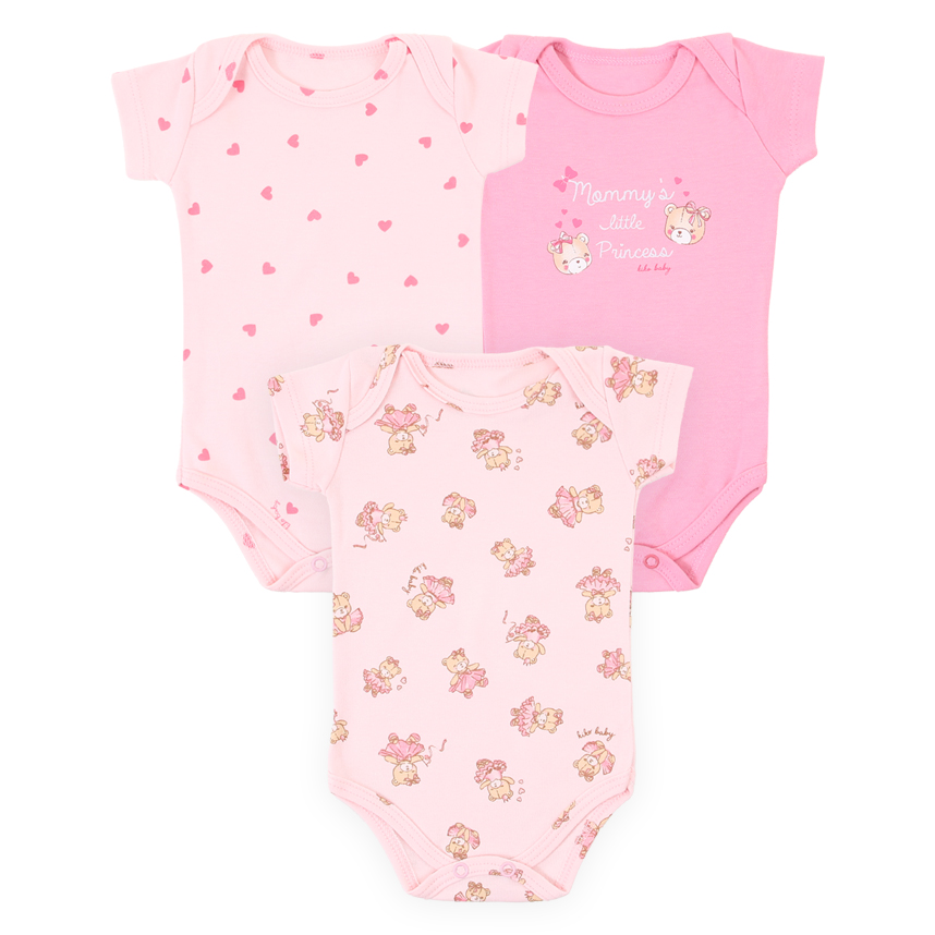 Kit Body KiKo Baby Manga Curta Suedine Estampa Ursinha Princesa e Coração - 3 Peças