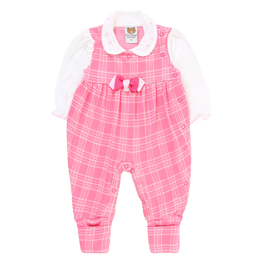 Macacão Longo Bebê Aconchego Xadrez Gola Bordada Macacão Longo Bebê Aconchego Xadrez Gola Bordada