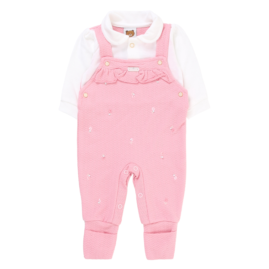 Macacão Longo Bebê Aconchego Com Babado E Bordado Flor Macacão Longo Bebê Aconchego Com Babado E Bordado Flor