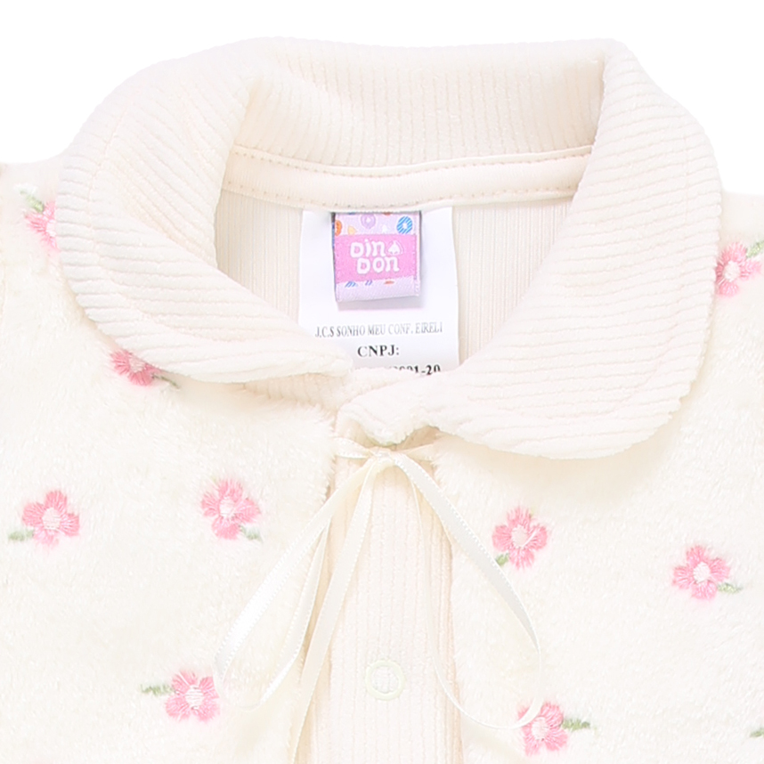 Macacão Longo Bebê Din Don Plush Com Bordado Flor