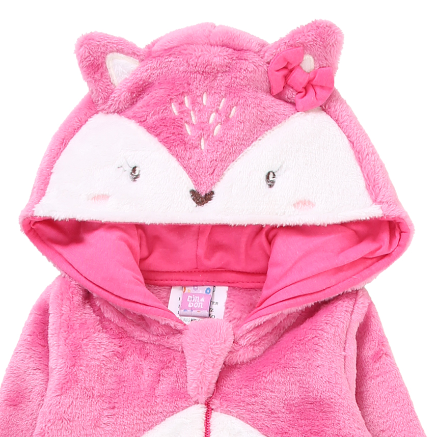 Macacão Longo Bebê Din Don Com Capuz Bordado Raposa de Pelinho