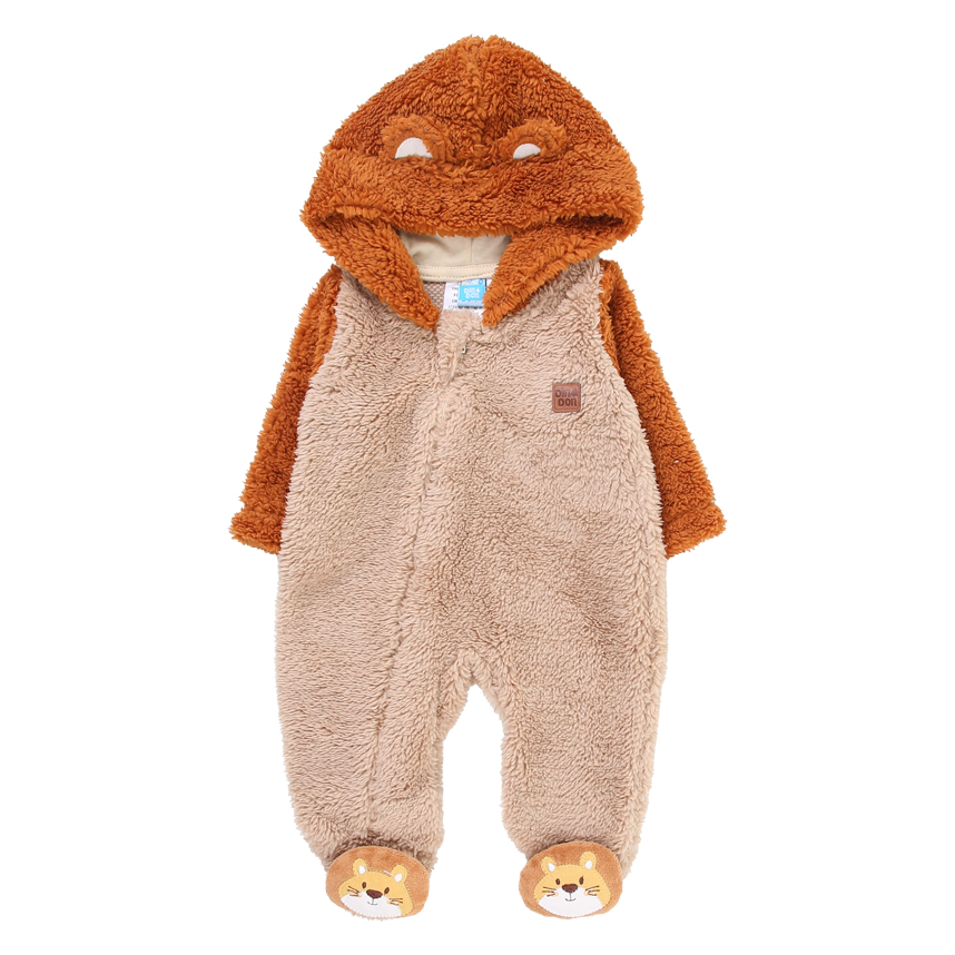 Macacão Longo Bebê Din Don de Pelinho Com Capuz Zip Tigre