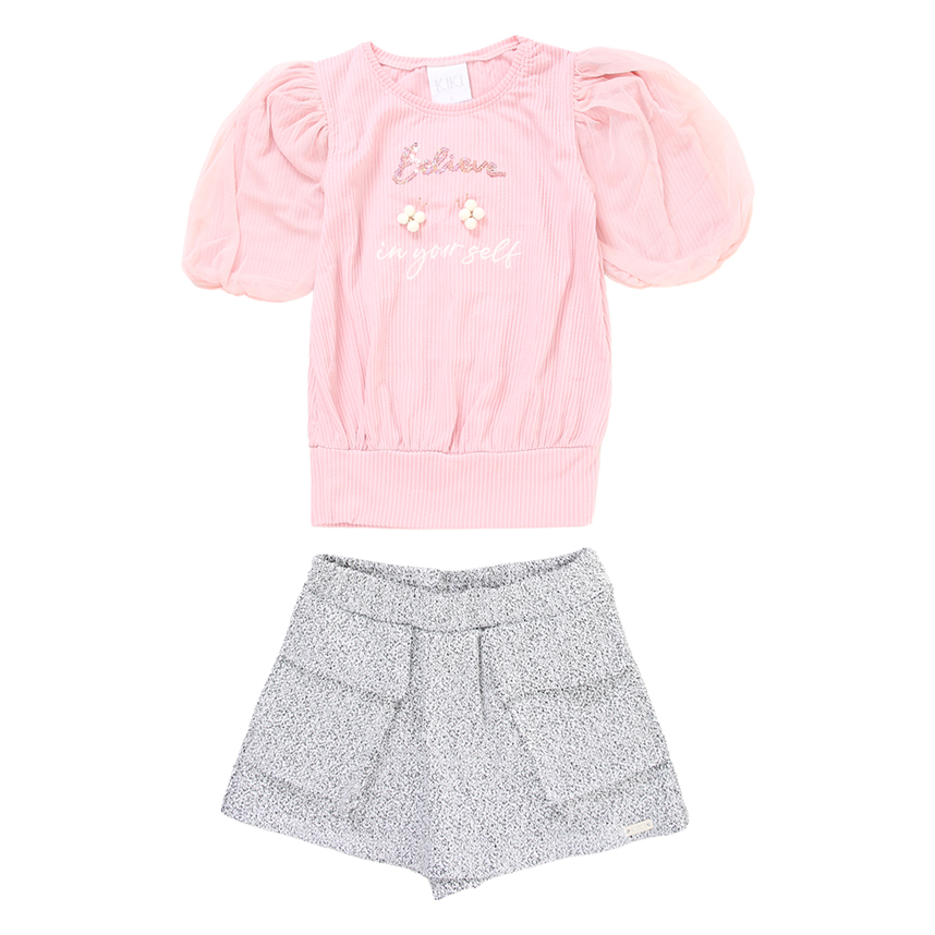 Conjunto Infantil Kiki Blusa Believe Shorts Saia Conjunto Infantil Kiki Blusa Believe Shorts Saia