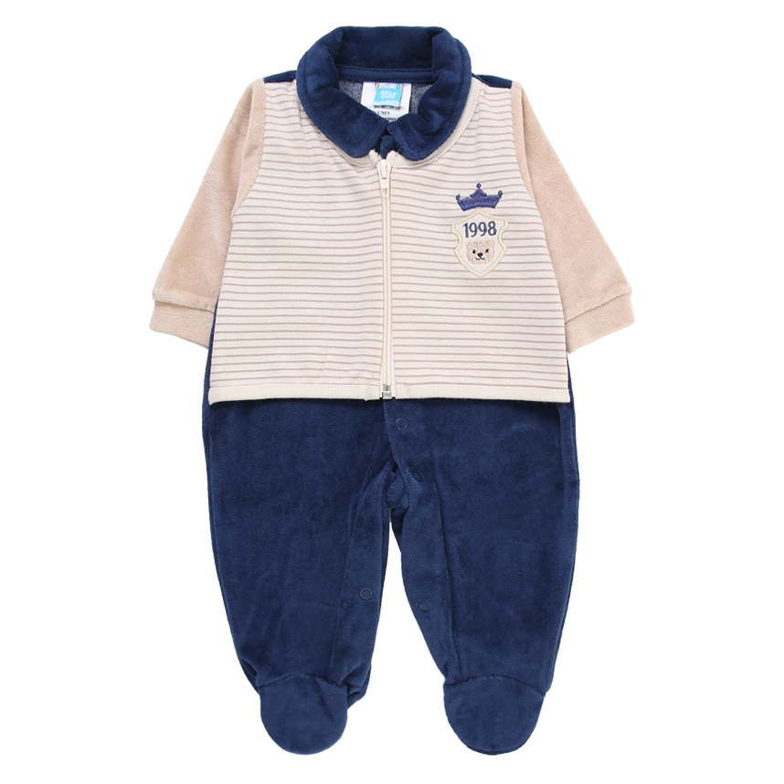 Macacão Longo Bebê Din Don Plush Listrado Urso