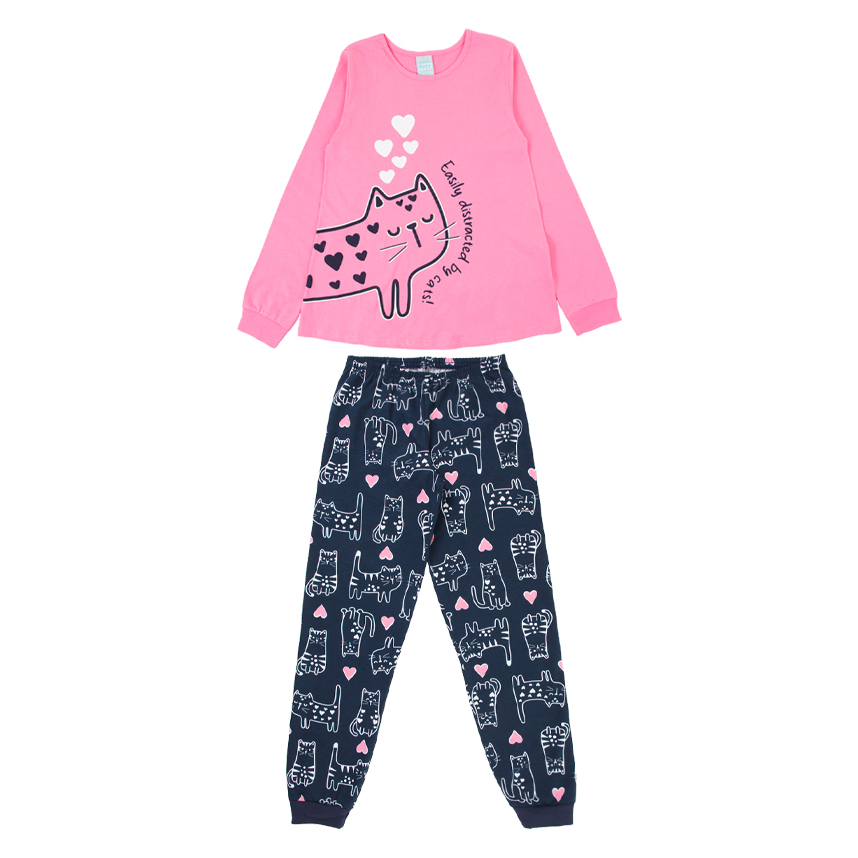 Pijama Kyly em Meia Malha com Estampa de Gatinho