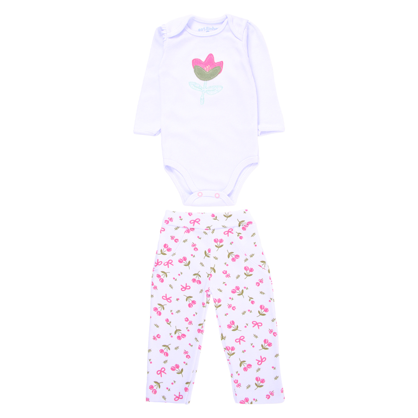 Conjunto Estilinho Manga Longa com Bordado de Flor