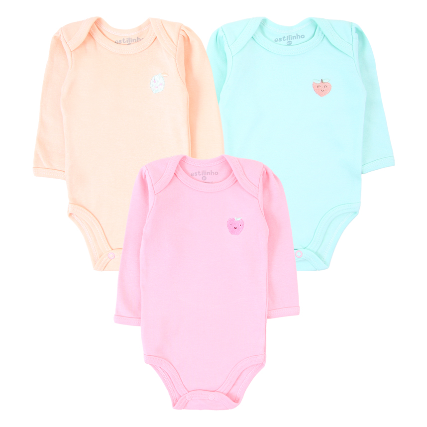 Kit 03 Body Estilinho Manga Longa Bordado de Fruta