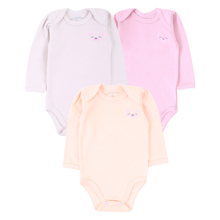 Kit 03 Body Estilinho Manga Longa Bordado de Gatinho