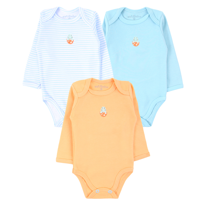 Kit 03 Body Estilinho Manga Longa Bordado de Dinossauro