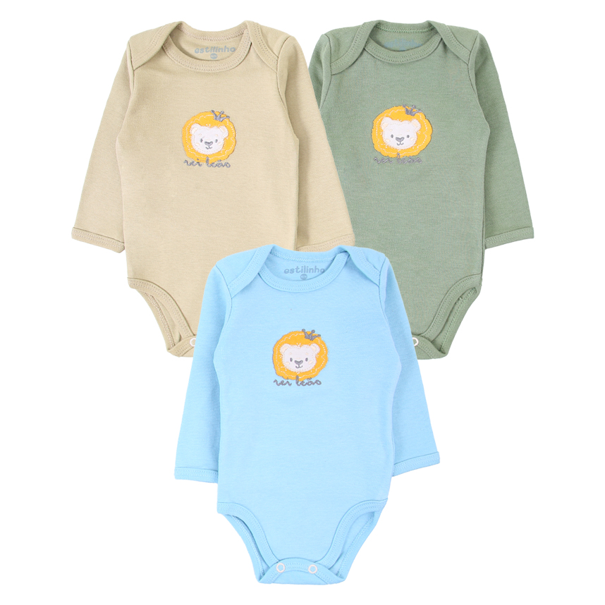 Kit 03 Body Estilinho Manga Longa Bordado de Leão