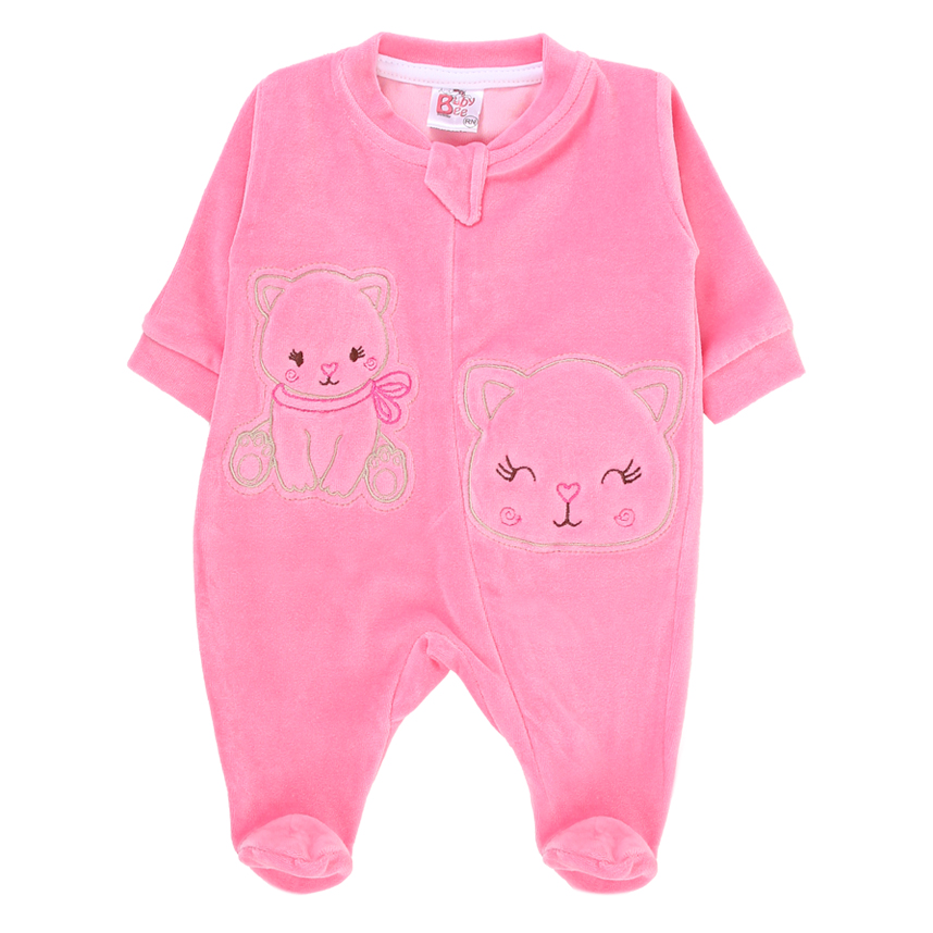 Macacão Longo Bebê Baby Bee Plush Com Zíper e Bordado Gatinha