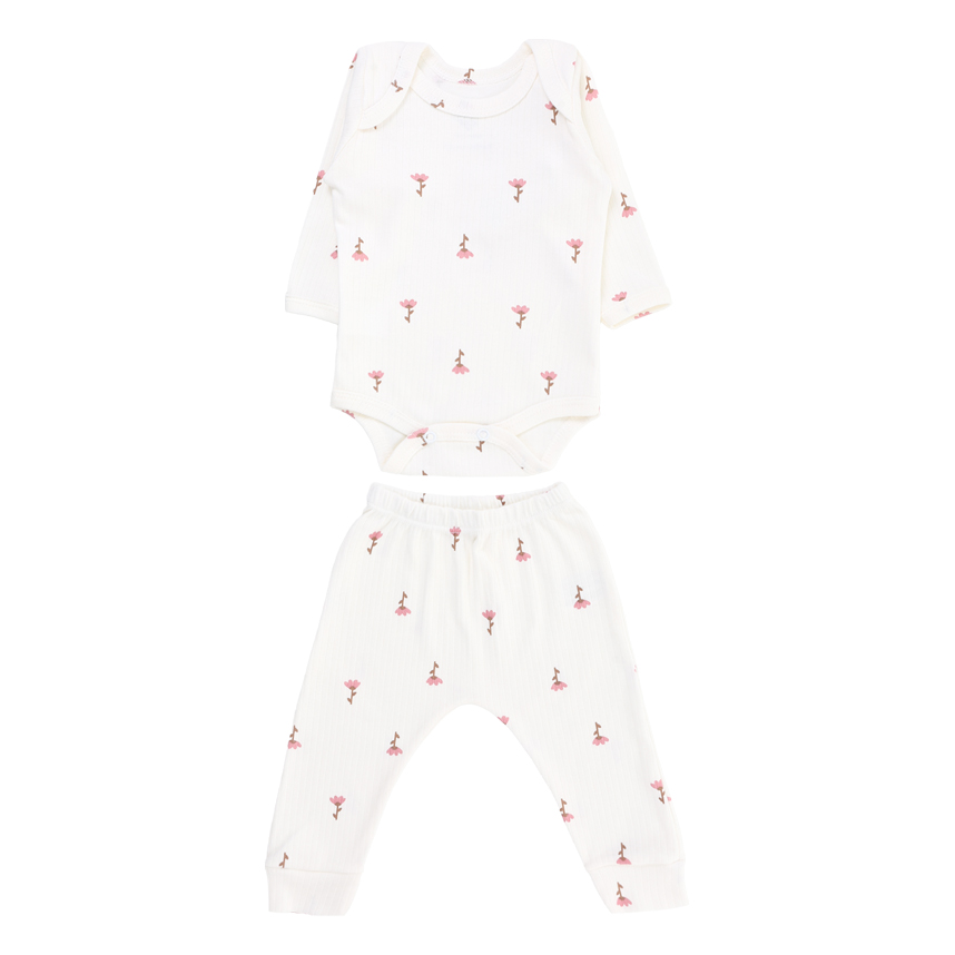 Conjunto Body Bebê Junkes  Manga Longa em Cotton Poá Flores - 02 Peças