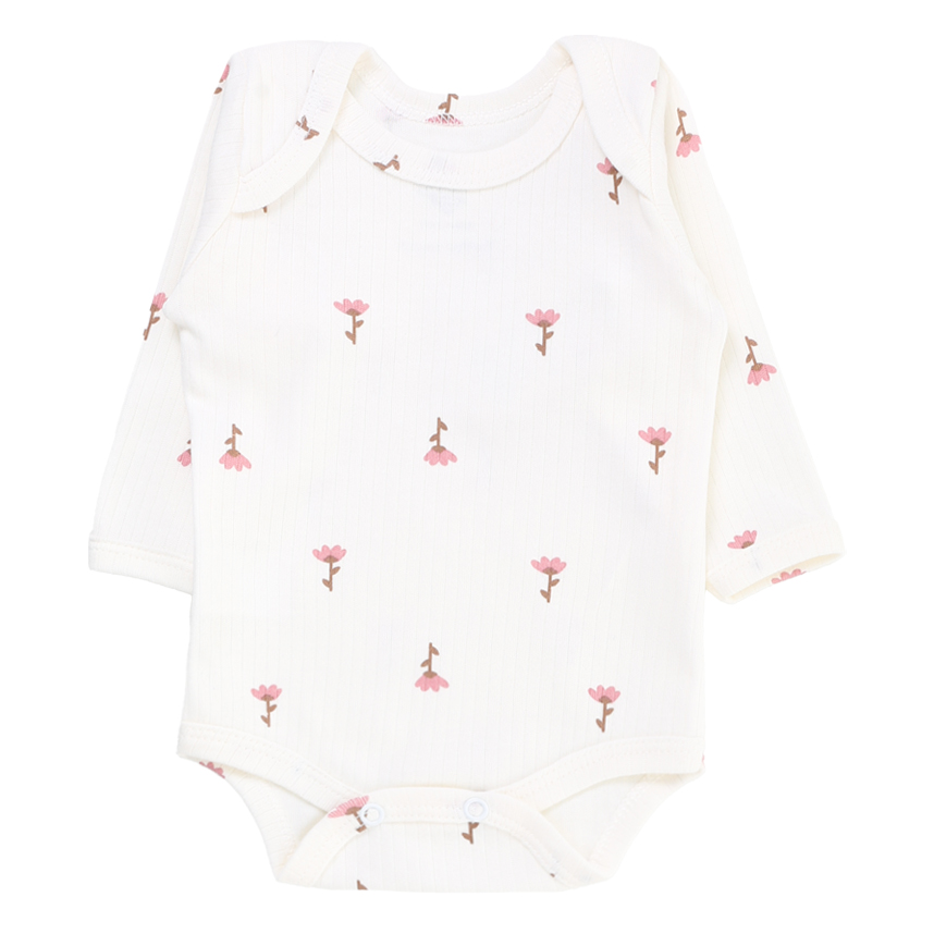 Conjunto Body Bebê Junkes  Manga Longa em Cotton Poá Flores - 02 Peças