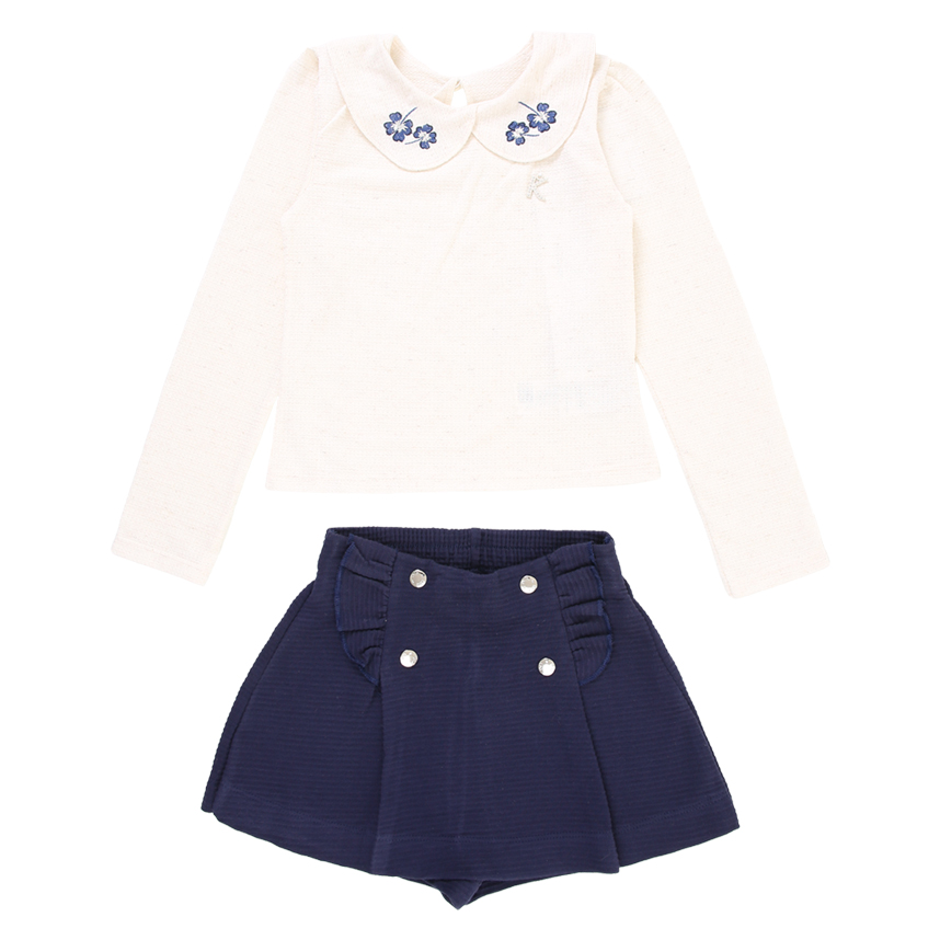 Conjunto Infantil Kiki Blusa Gola Bordada Flores