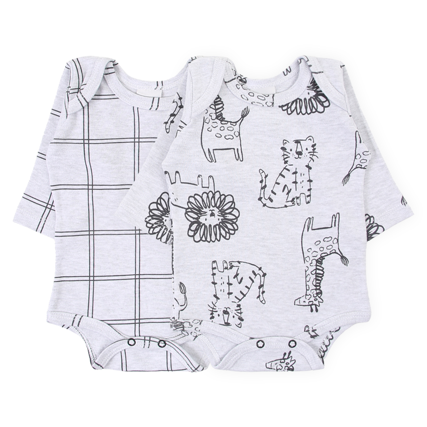 Body Manga Longa em Suedine Xadrez Estampa Safari- 2 Peças