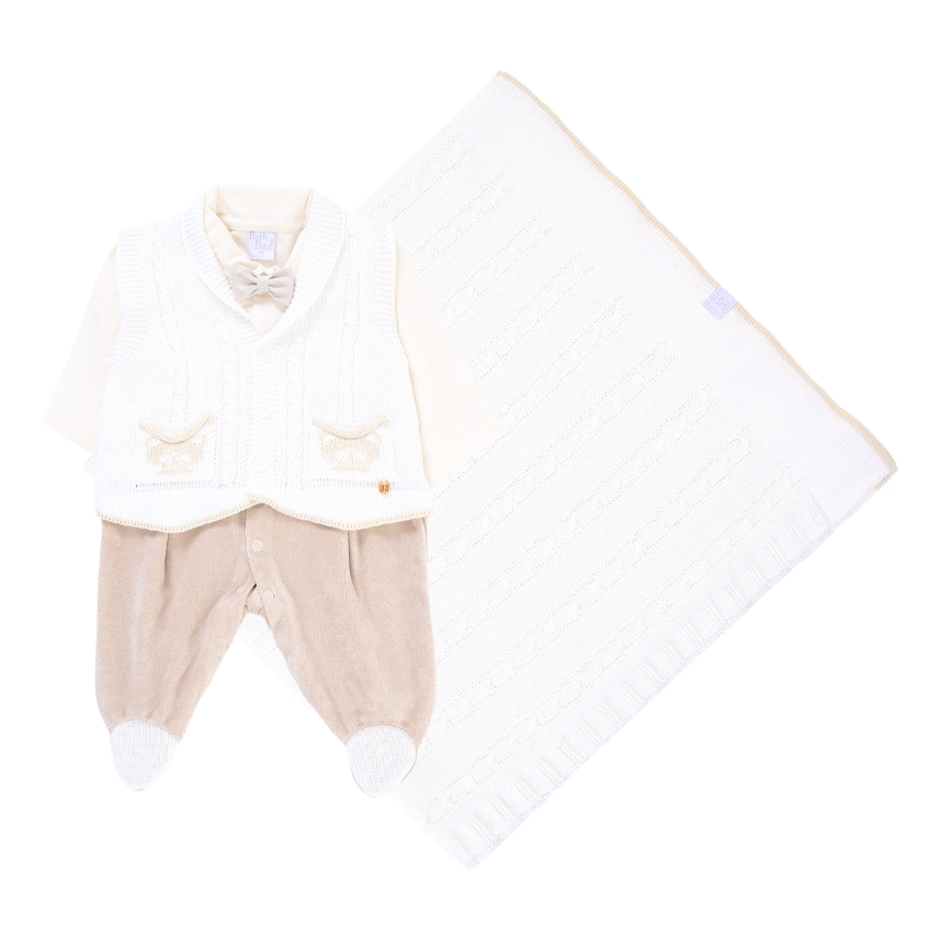 Saída de Maternidade em Plush Gravata e Colete em Tricô