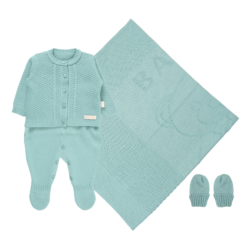 Saída de Maternidade com Macacão Casaco Luva e Manta 4 Peças Saída de Maternidade com Macacão Casaco Luva e Manta 4 Peças