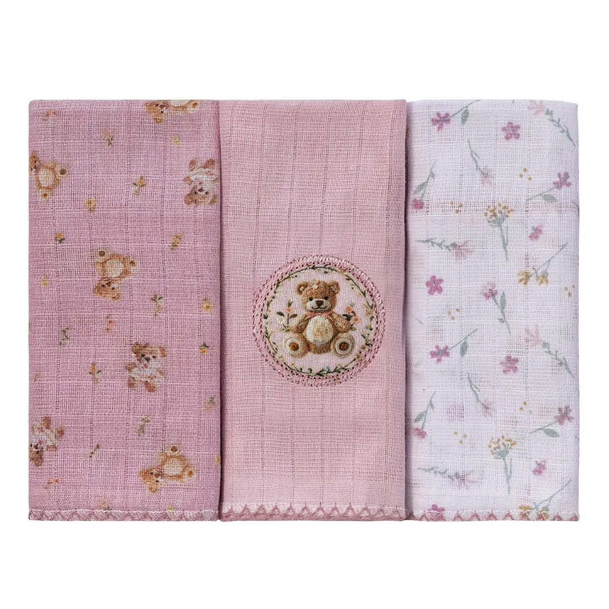 Kit Pano De Boca Baby Joy Soft Estampa Bordado Ursa - 03 Peças